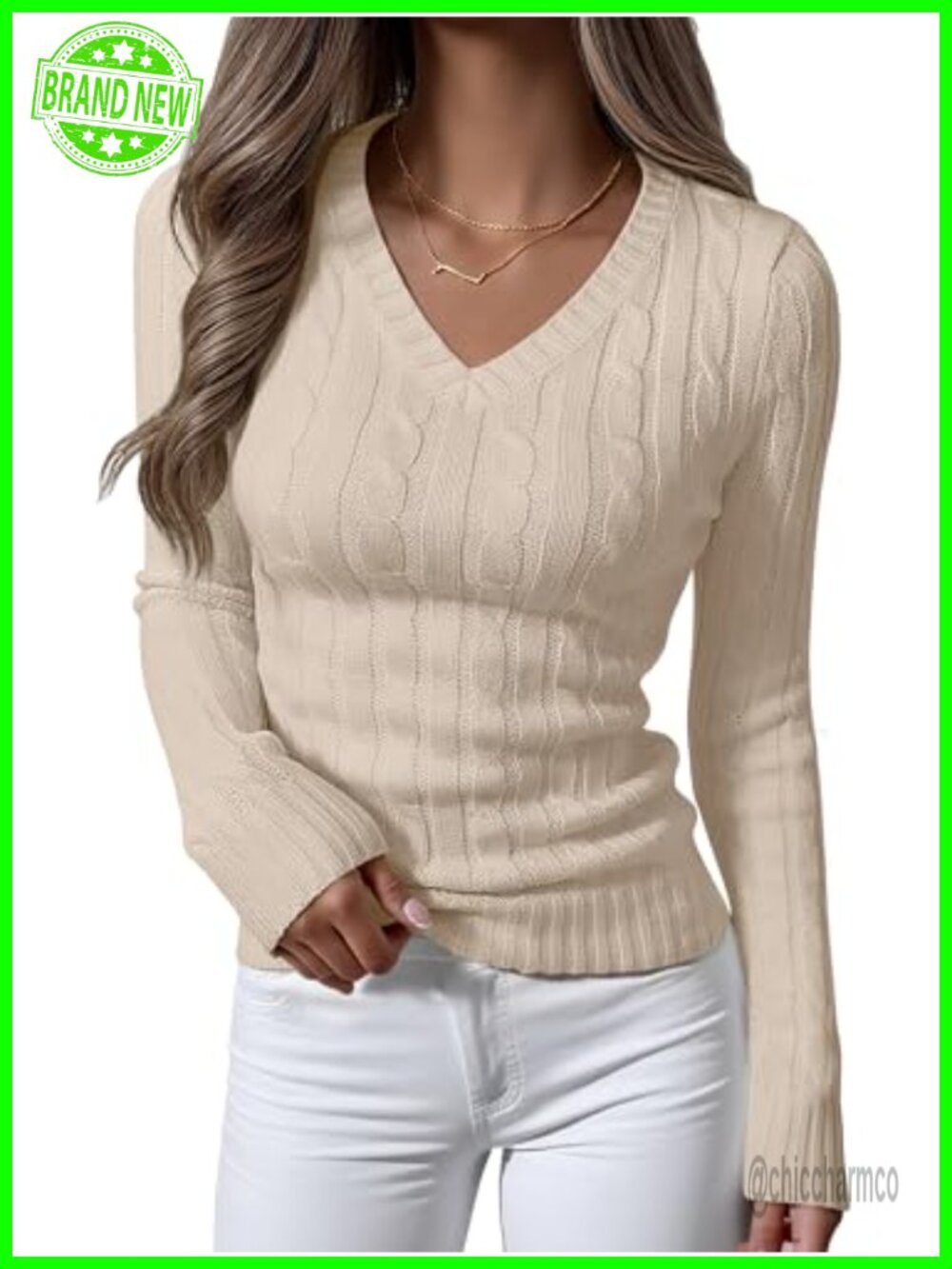 Cable Knit V Neck Long Sleeve Fitted Pullover Sweater Top